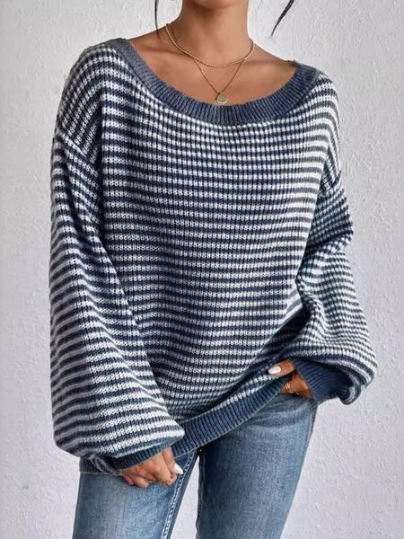 Versatile Off-Shoulder Striped Knitted Sweater HEHB5NPW3R