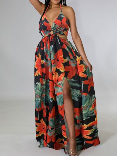 Women's Floral Print Chain Decor Split Thigh Tie Back Cami Dress, Halter Backless Maxi Dress, Beach Vacation Dress H6VE68KF2K