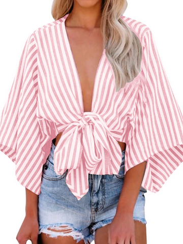 Women's Striped Crop Top V-Neck Tie Front Flare Sleeve Blouses 
 H8LBSR6XW6
