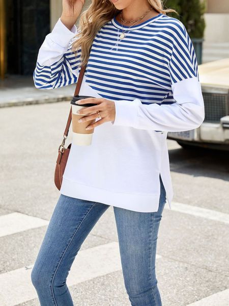 Women's Sweatshirt Color Block Long Sleeve Crew Neck Casual Loose Pullover Striped Shirt Top HEHD644TY9