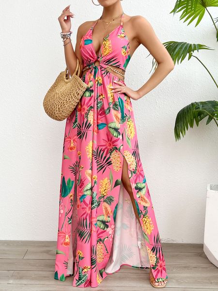 Women's Floral Print Chain Decor Split Thigh Tie Back Cami Dress, Halter Backless Maxi Dress, Beach Vacation Dress H6VE68KF2K