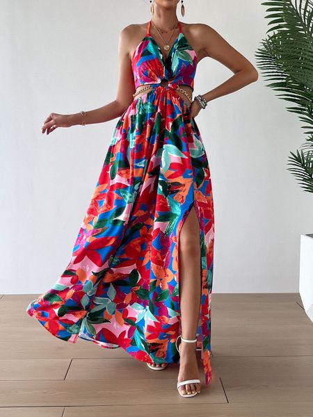 Women's Floral Print Chain Decor Split Thigh Tie Back Cami Dress, Halter Backless Maxi Dress, Beach Vacation Dress H6VE68KF2K