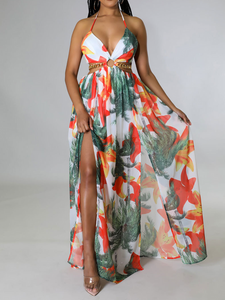 Women's Floral Print Chain Decor Split Thigh Tie Back Cami Dress, Halter Backless Maxi Dress, Beach Vacation Dress H6VE68KF2K