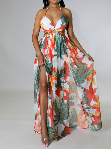 Women's Floral Print Chain Decor Split Thigh Tie Back Cami Dress, Halter Backless Maxi Dress, Beach Vacation Dress H6VE68KF2K