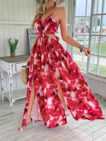 Women's Floral Print Chain Decor Split Thigh Tie Back Cami Dress, Halter Backless Maxi Dress, Beach Vacation Dress H6VE68KF2K