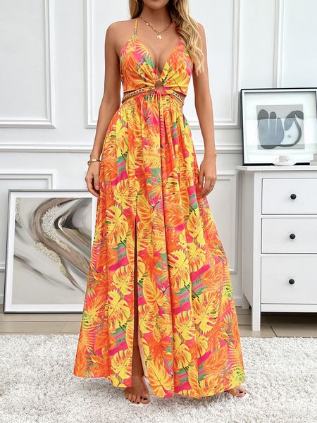 Women's Floral Print Chain Decor Split Thigh Tie Back Cami Dress, Halter Backless Maxi Dress, Beach Vacation Dress H6VE68KF2K