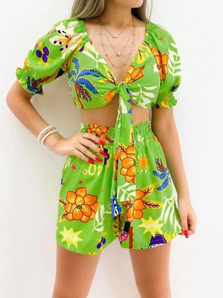 Printed V-Neck Blouse And Shorts Two-Piece Set HFLLXTEL8C