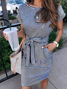 Women's Dress Striped Short Sleeve T-shirt Dress with Pocket H9ESEMC6FK