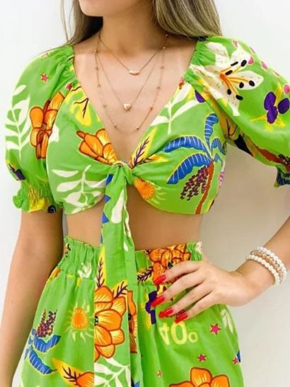 Printed V-Neck Blouse And Shorts Two-Piece Set HFLLXTEL8C