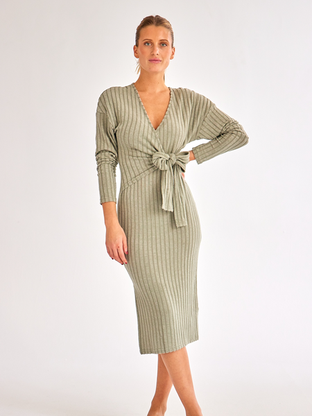 V-neck Long-sleeved Knitted Tie Dress HW58R7SVKU