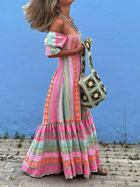 Colorful Half Sleeve Square Neck Ruffle Hem Dress HEH5SFWBQP