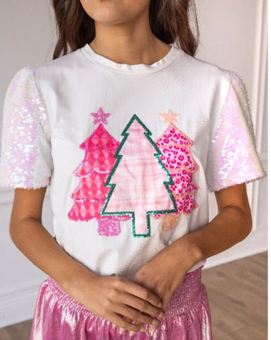 Sequin Trees Top W/White Sequin Sleeves
