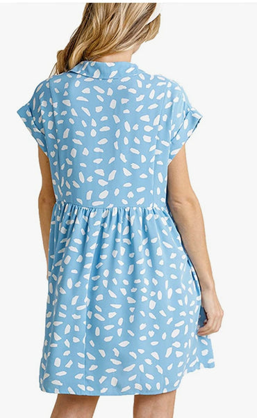 Dalmation Print V-Neck Collared Babydoll Dress