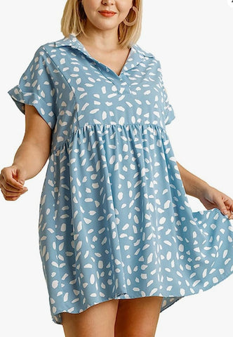 Dalmation Print V-Neck Collared Babydoll Dress