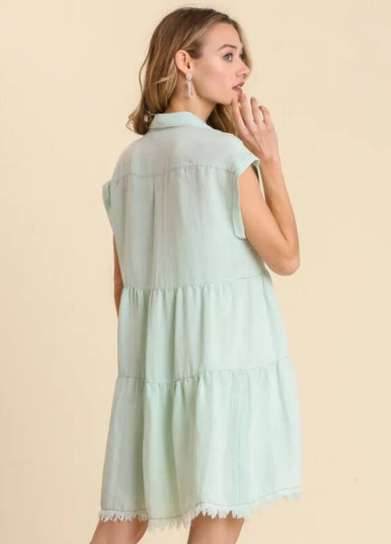 Snow Washed Button Front Collard Ruffle Dress