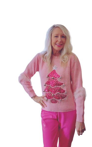 Beaded & Sequin Tree Pink Sweater