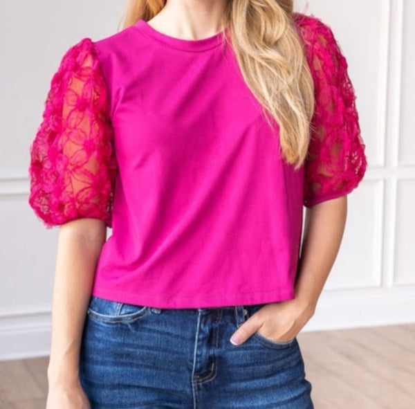 Magenta Puff Floral Sleeve Top