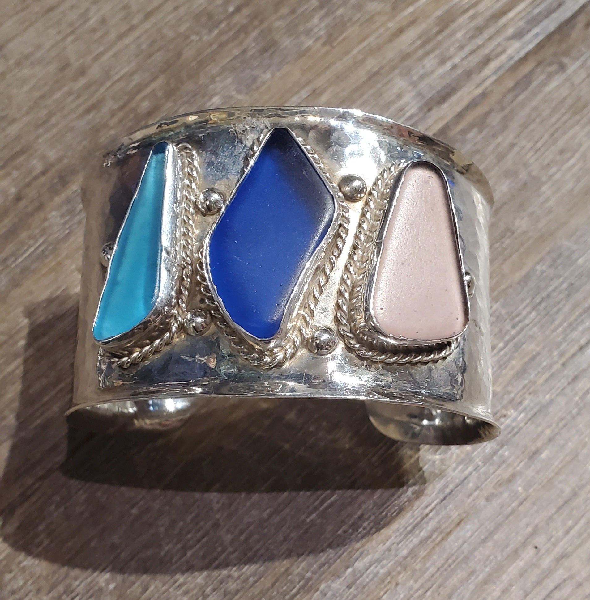 Silver Cuff Bracelet w/Sea Glass