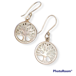 STERLING SILVER MOTHER OF PEARL TREE OF LIFE DROP EARRINGS
