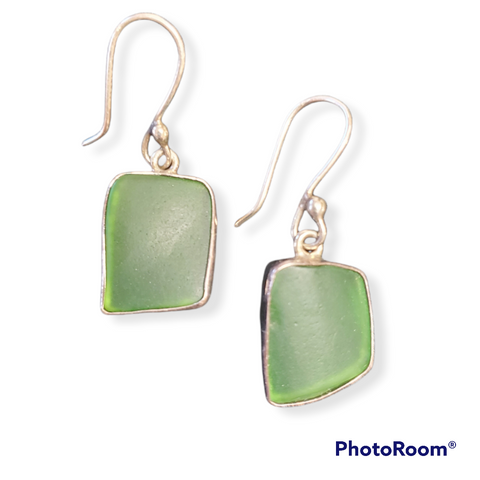 STERLING SILVER GREEN RECYCLED GLASS DROP EARRINGS